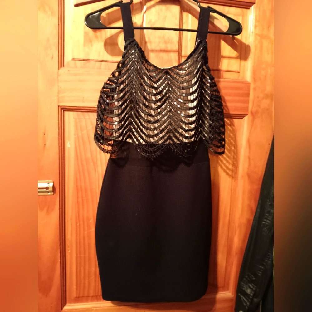 Crystal doll sequin black mini evening event dress size small